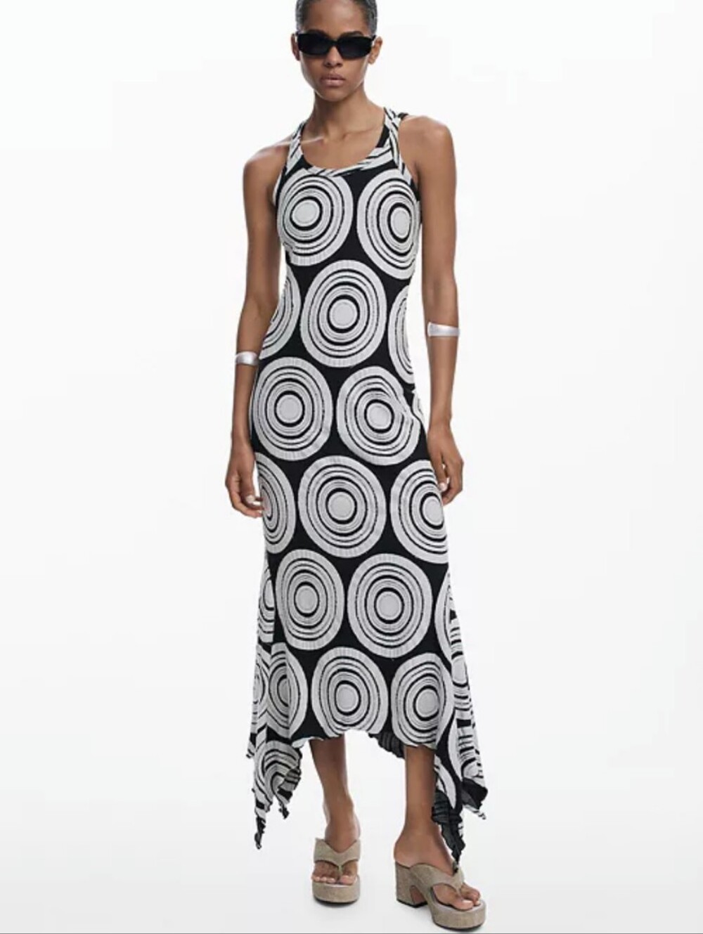 Desigual Women's Long Racerback dress with circles XS Black White Asymmetry